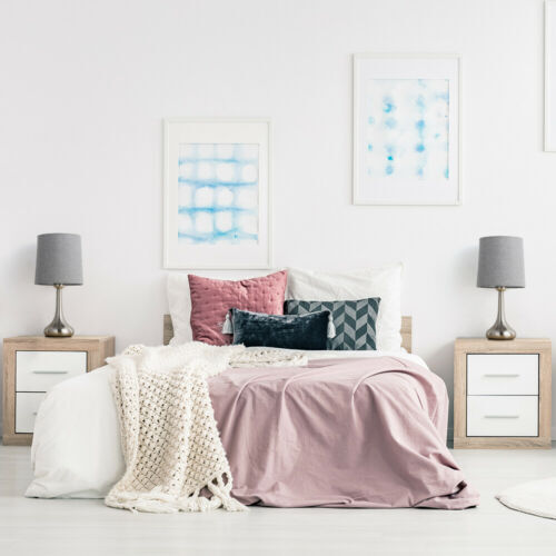 Set of 2 Modern Bedside Table Lamps with Gray Fabric Shade for Bedroom, Office