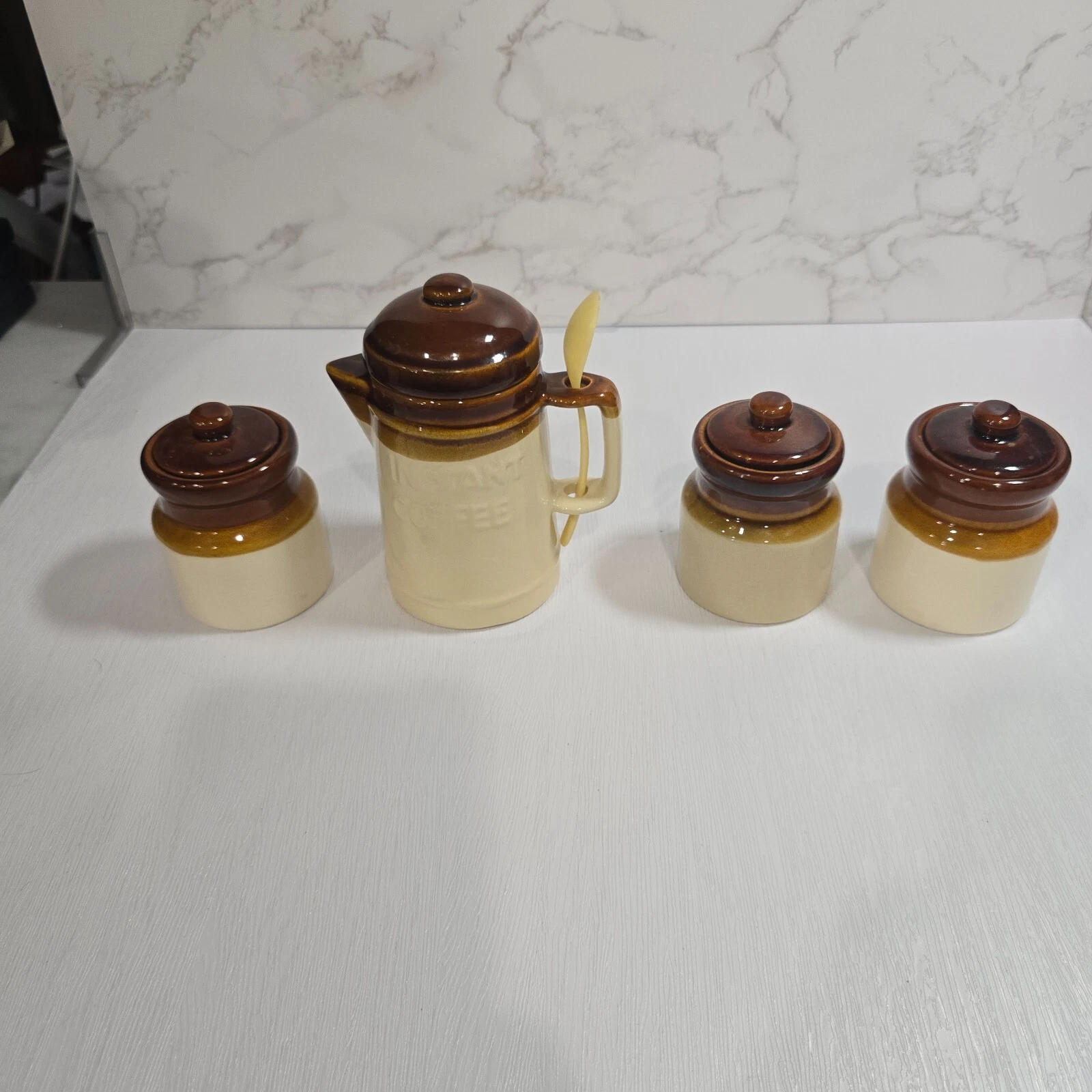 Vintage Crock Style Glazed Ceramic Instant Coffee Jar w/spoon And Condiment Jars