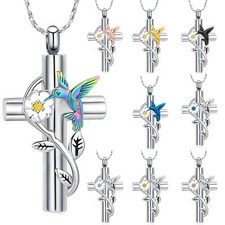Sunflower Hummingbird Cross Urn Pendant Memory Necklace for Cremation Ashes Gift