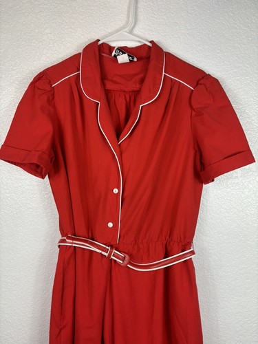 Vintage Red Belted Jumpsuit Romper Collared Button Diner Grease Costume Medium - Picture 2 of 12