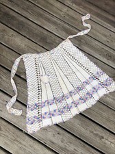 Vintage Hand Crocheted White Multi-Colored Striped Apron