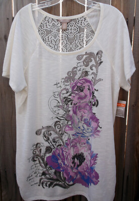 NWT  WHITE STAG  Short Sleeve Embellished Tunic Top Lace Stretch 1X (16W)