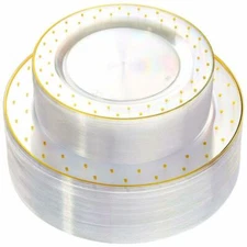 Gold Plastic Plates - Clear with Dot Design Crystal Disposable Party Set 102 PCS