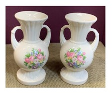 VERY VINTAGE CREAMY WHITE POTTERY FLORAL BUD VASES