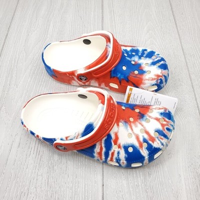 tie dye red white and blue crocs