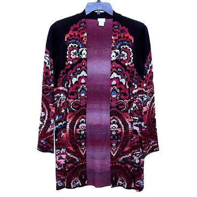 CHICOS MID LENGTH OPEN FRONT TIGHT KNIT CARDIGAN BLACK PURPLE WOMENS MEDIUM NWT