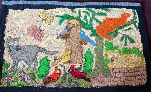 Vintage Folk Art Wool Rug CATS Primitive Animals