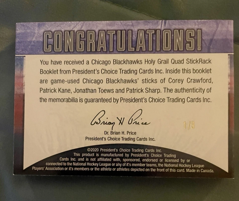 2020 Presidents Choice Holy Grail Quad Stickrack Chicago Blackhawks - Image 3 of 4