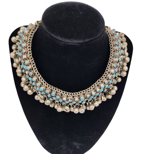 Rare Indian Antique Slivertone and Turquoise Necklace and Bracelet from 1950s - Picture 4 of 17
