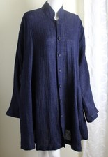 New Eskandar Sz 2 Navy Blue Crinkle Gauze Linen 42"l A-line Coat Jacket Long