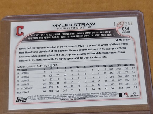 2022 Topps #654 Myles Straw Orange Foil SP #/299 Cleveland Guardians Nmmt - Picture 3 of 3