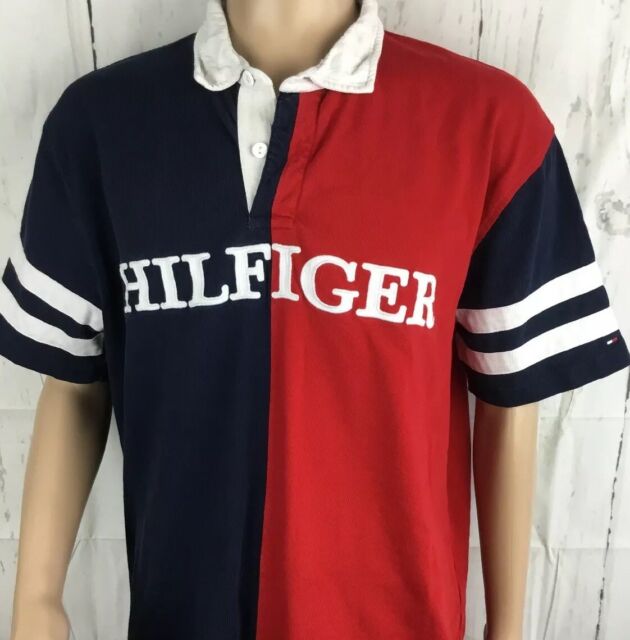 Tommy Hilfiger Polo Shirt Rugby Color Block Spell Out Retro 90s Flag ...