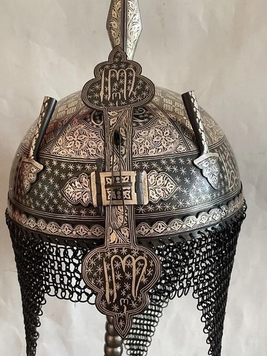 Ottoman Silver Kufic Helmet Khula Khud Silver Koftgari worked battle Helmet - Picture 7 of 9