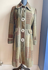 Next Wool Tweed Green Brown Check Long Coat Boho Hippy Uk Size 14