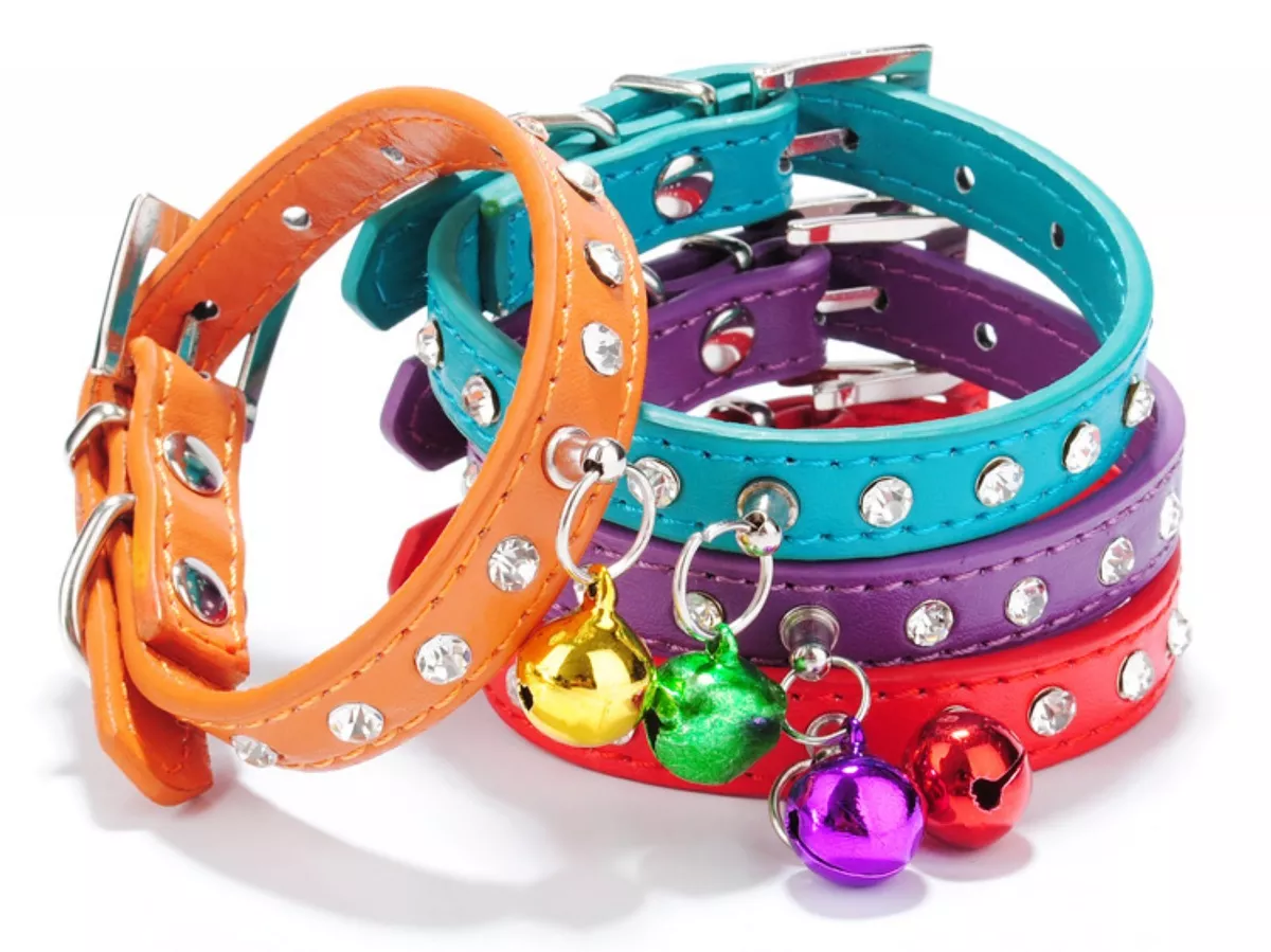 New Pet Cat Dog Puppy Crystal Rhinestone Jingle Bell Collar Adjustable Size XS S