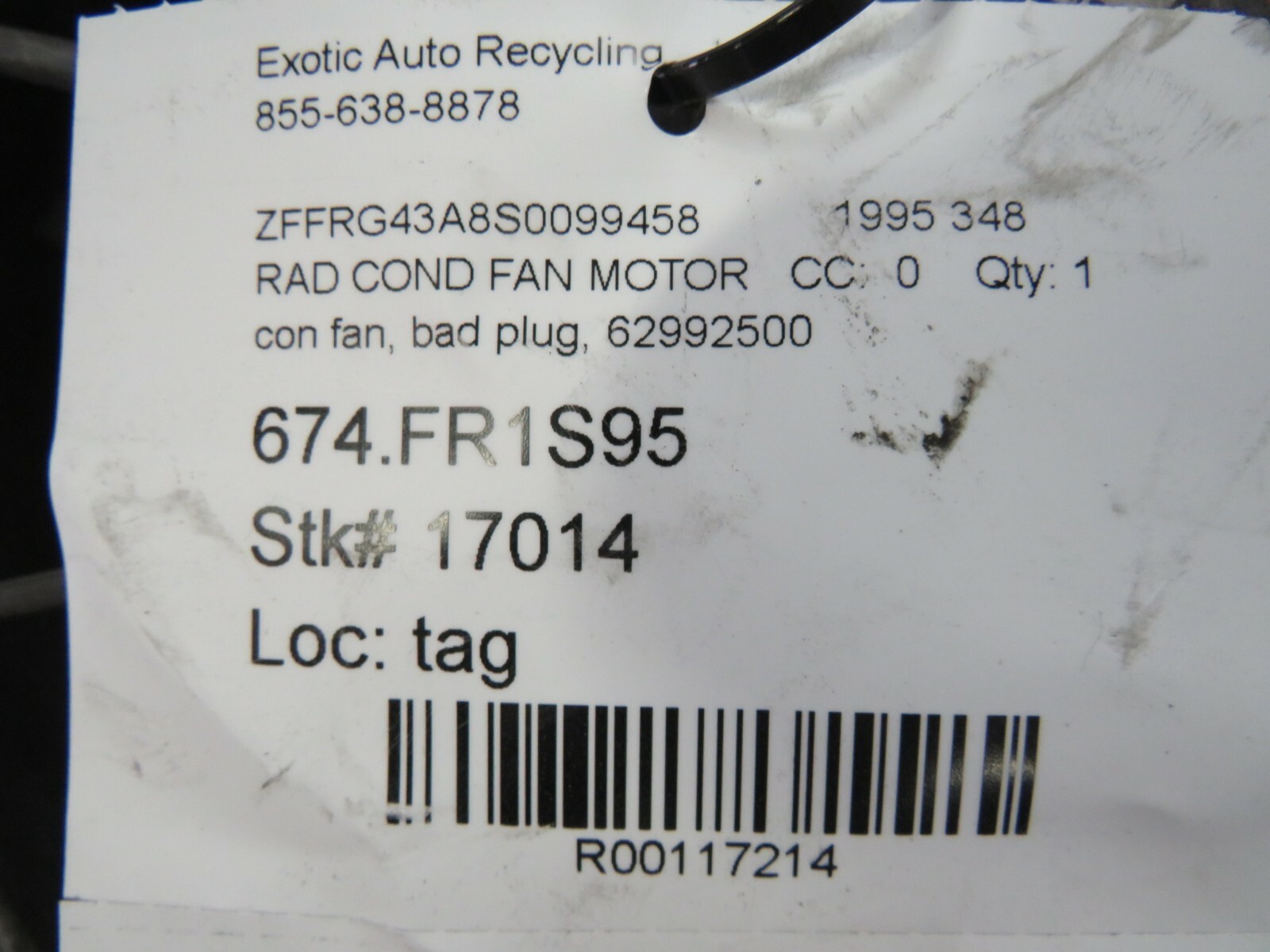 Ferrari 348, AC Condenser Fan Motor, Used, P/N 62992500