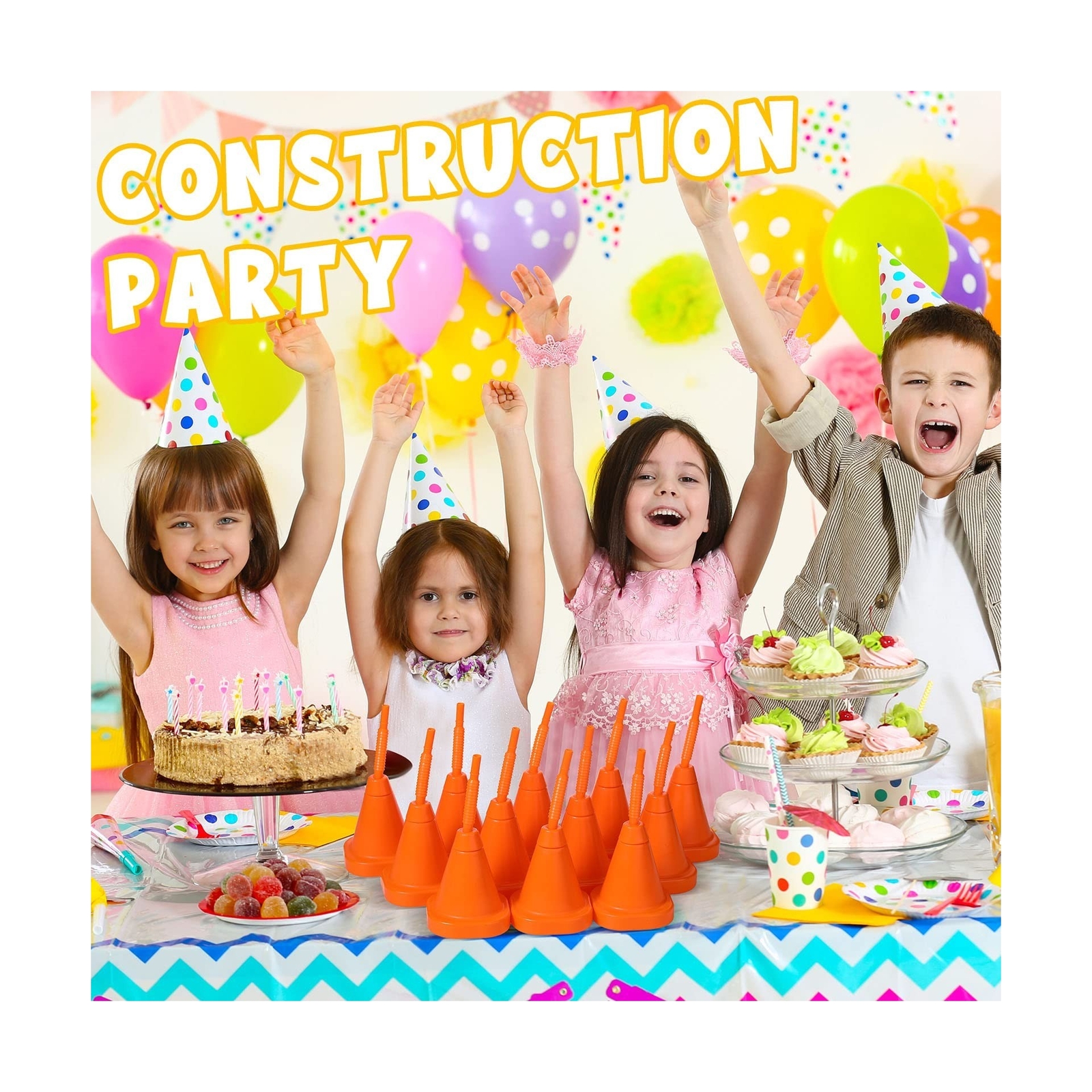 Gerrii Plastic Race Car Party Cups with Straws Construction Cone Cups