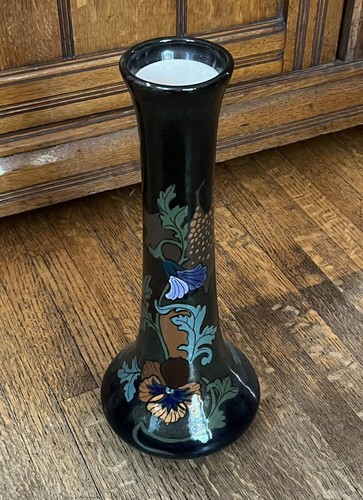 Antique Glossy Black Gouda Vase, JB, Floral Motif, Turquoise, Green, Yellow - Picture 6 of 8