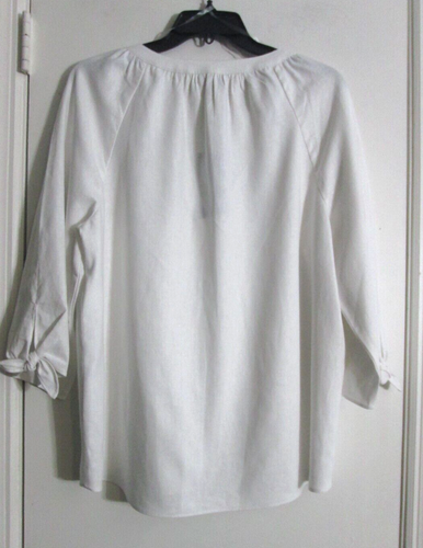 Jones New York White Elbow Tie Sleeves Blouse Linen Blend Popover Split V Neck L - Picture 3 of 11
