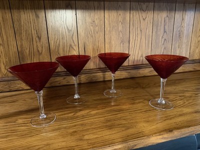 Set of 4 Pier 1 Ruby Red Embossed Scroll Martini Glasses Drinking