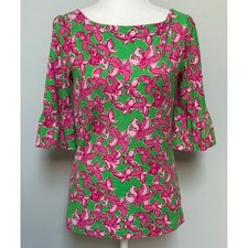 Lilly Pulitzer Size M Flutter Belle Boatneck Top 3/4 Sleeve Pink Green Cotton