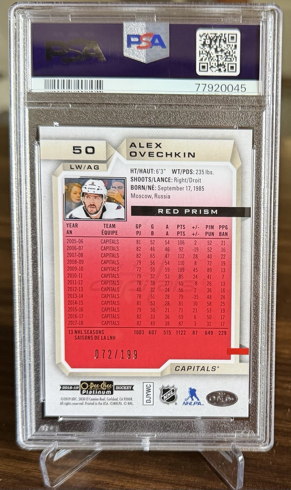 2018-19 O-Pee-Chee Platinum Red Prism /199 Alex Ovechkin PSA 9 Low Pop view 2