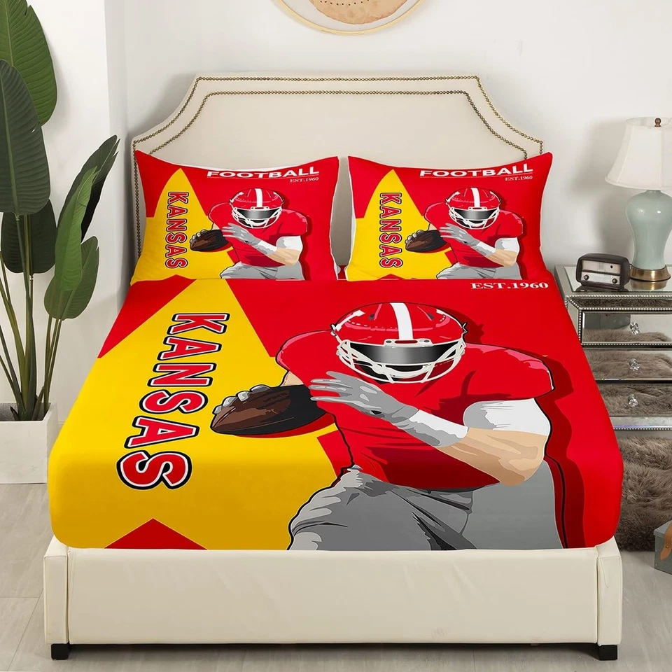 Football Bed Sheets Set Twin Size Kansas Sheet Set American Football Player W... - Image 2 of 4