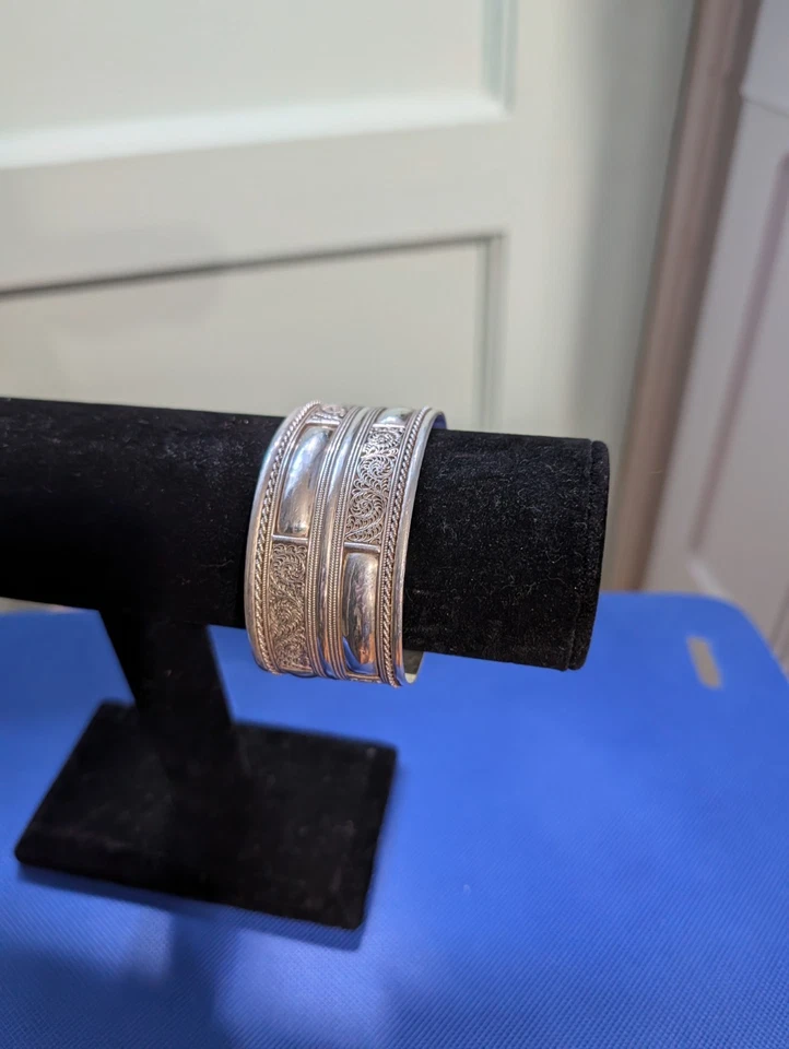 Ornate Filigree Ethnic Thailand 925 Sterling Silver Adjustable Cuff Bracelet 47g - Image 3 of 4