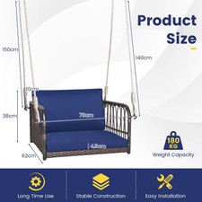 Image of Hanging Chair 180kg Capacity with Cushions Rope for Indoor Outdoor Navy