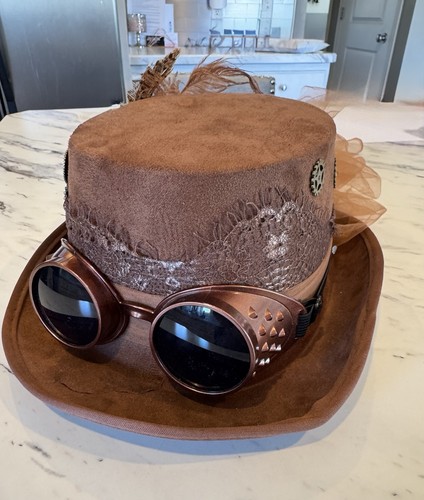 NWT Brown Feather Goggles Steampunk Top Hat Theatre Halloween - Picture 2 of 5