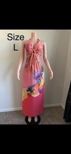 Women’s Pink Multicolor Graphic Print Halter Backless Maxi Dress Size L