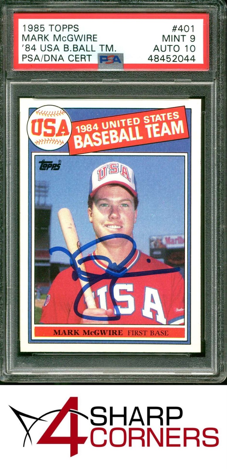 1985 TOPPS 84 USA BASEBALL TEAM #401 MARK McGWIRE RC 4SC ELITE PSA 9 DNA AUTO 10 view 1