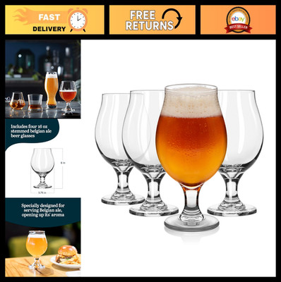 Classic Belgian Beer Glasses Set of 4 - Stemmed Tulip 16 Oz Dishwasher Safe for