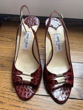 Jimmy Choo Trellis bordeaux vernice slingback tacchi stampa coccodrillo hardware oro