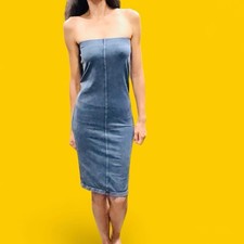 ZARA Blue Acid Wash Strapless Bodycon Midi Dress L Y2K Stretch Tube Dress