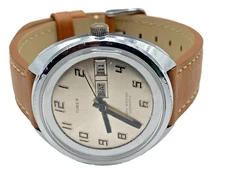 Mens Timex 40mm Wristwatch Automatic Day/Date New Leather Band Tested Works VTG