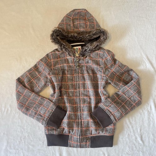 Vintage Y2K RARE Surf Roxy Plaid Fur Hood Zip Up Jacket Womens M