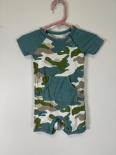 Kyte Baby 6/12m bamboo shortall green camouflage print and teal raglan sleeve