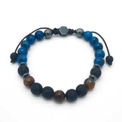 Mens Adjustable Lava Rock Ocean Jasper & Tiger Eye Gemstone Bracelet Energy