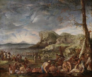17th CENTURY LARGE ITALIAN OLD MASTER OIL CANVAS THE MIRACULOUS CATCH OF FISH