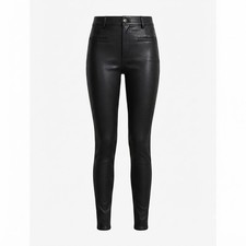 Women's Black Genuine Leather Skinny Pants High Waist Slim Fit Trousers