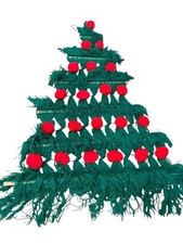Vtg Green Macrame Yarn Xmas Tree Wall Hanging Red Pom-Pom Balls MCM FREE SHIP