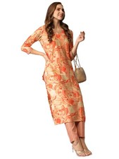 GoSriKi Women's Cotton Blend Straight Printed Kurta with Pant
