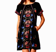 $340 JOHNNY WAS PLUS SZ 1X ISLA EMBROIDERED RAGLAN SEAMED DRESS BLACK w/ SLIP