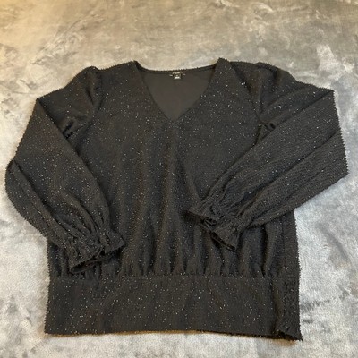 Ann Taylor Factory Sparkle Blouse V-Neck Long Sleeve Top Black Womens Small