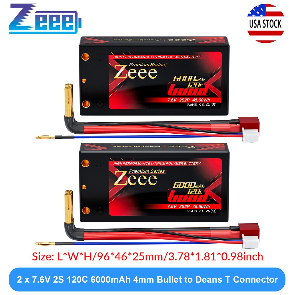 2x Zeee 7.6V 120C 6000mAh 2S Shorty LiPo Battery 4mm Bullet to Deans for RC Car