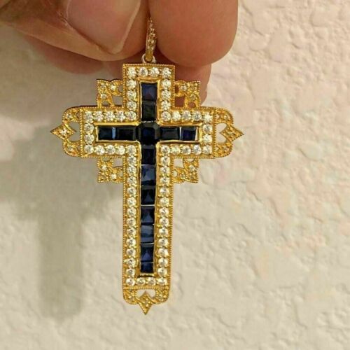 Antique Cross 2.00 CT Simulated Blue Sapphire Art Pendant 14K Yellow Gold Plated - Picture 1 of 7