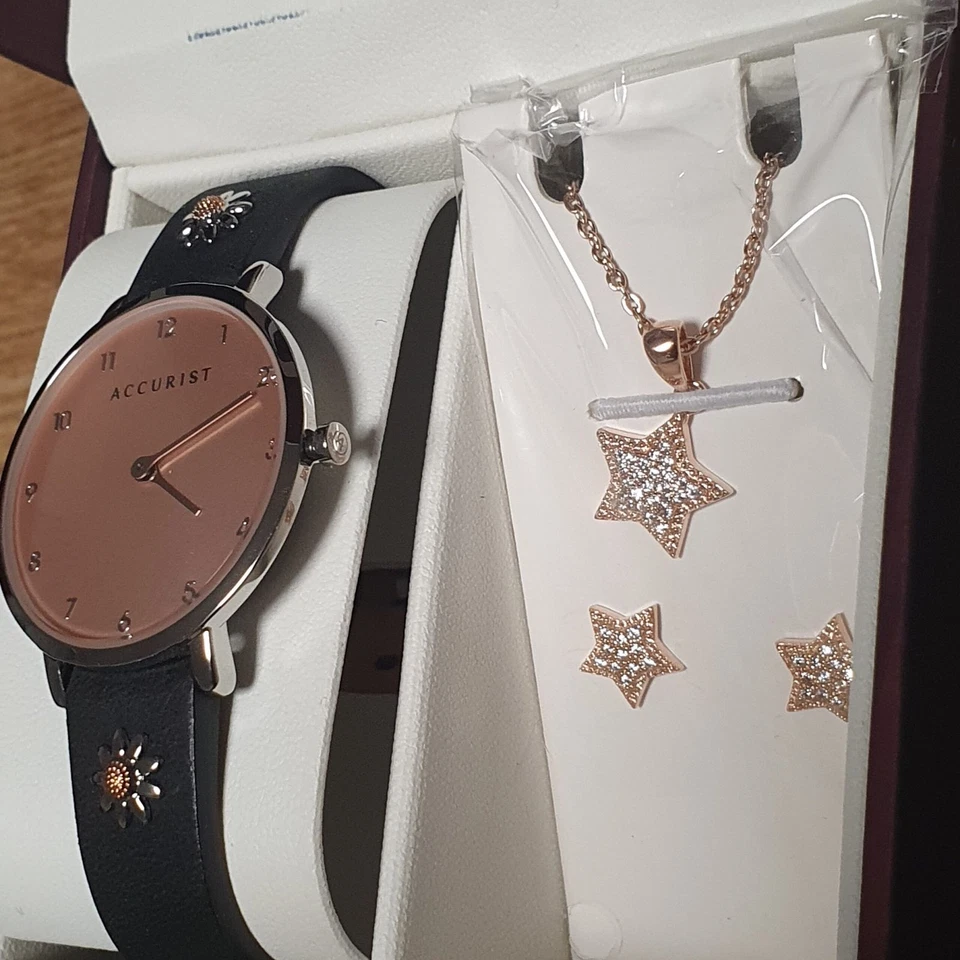 Juego de regalo de reloj y pendientes Accurist para dama 8376G correa de cuero negro oro rosa Foto 2 de 4