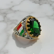 925 Sterling Silver Italian Flag Statement Men Ring, Green Zircon Jewelry