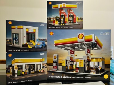 CaDA Shell Retail Station Brick Kits 4er Set Tankstelle, Pumpen, Shop, Wash